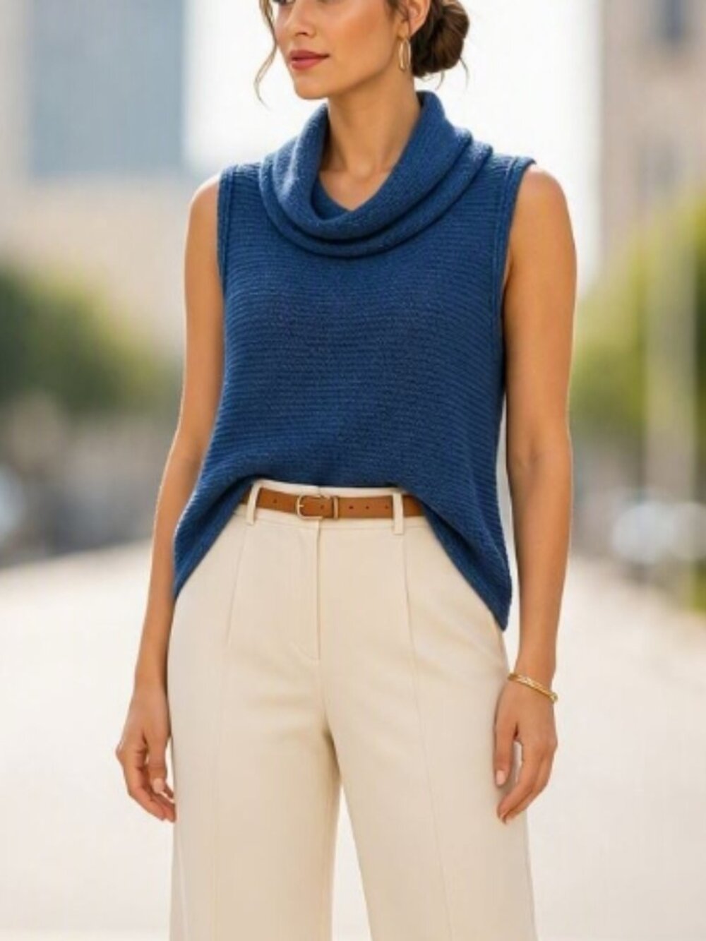 Cable & Gauge Blue Knit Cowl Neck Sleeveless Top XL Minimalist Chic Modern
